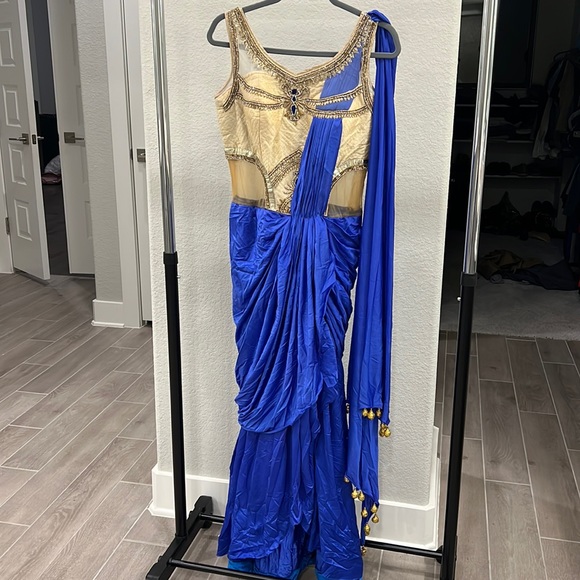 blue faux suede dress RGQH6837 Georgette Draped Dress with Attached Necklace and Dupatta –  Chhabra 555